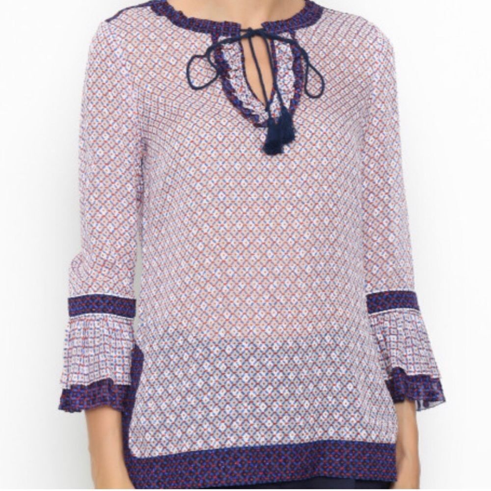TORY BURCH | Gwenna Semi Sheer Printed Tunic Top White/Red/Blue Women’s Size 10